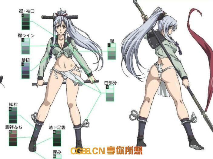 【原画资源】武士少女 日式武器 人物设计 日式原画设定参考 三视图 色彩设置