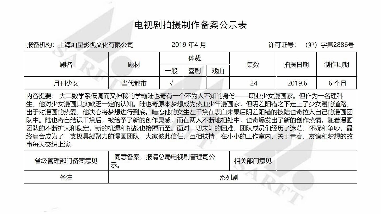 陆也奇？左千黛？国产真人剧《月刊少女》6月开拍